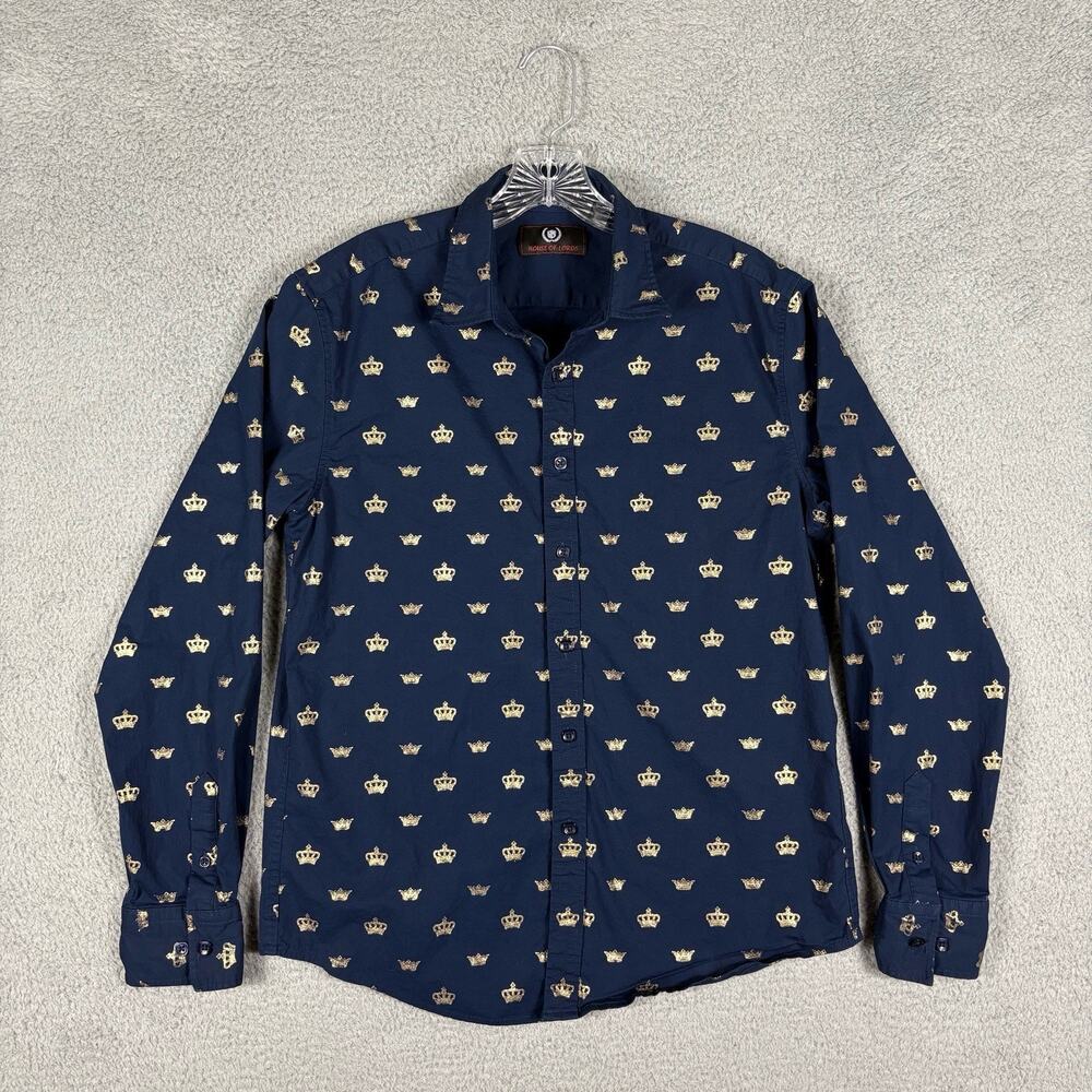 House Of Lords Shirt Men’s Large Navy Blue Gold Crown AOP City Dance Club Unique